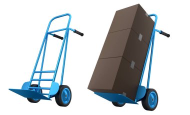 Havaalanı bagaj seti ya da bagaj vagonu yanında bir yığın karton kutu ya da beyaz arka planda karton kutu. Havaalanı veya depo servisinin 3d oluşturma ögesi