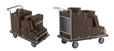 Havaalanı bagaj seti ya da bagaj vagonu yanında bir yığın karton kutu ya da beyaz arka planda karton kutu. Havaalanı veya depo servisinin 3d oluşturma ögesi