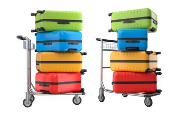 Beyaz arka planda bagajları taşımak için normal polikarbonat valiz seti. 3D seyahat konsepti. Tatil ve bagaj taşımacılığı.