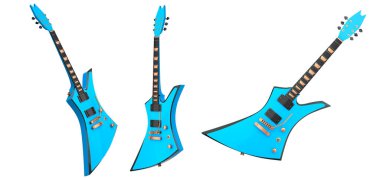 Beyaz arka planda izole edilmiş elektro akustik gitar seti. Müzik dükkanı için heavy metal gitarlı 3D rock festivali posteri.