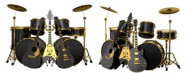 Tribünlerde metal zilleri ve beyaz arka planda akustik gitarları olan gerçekçi davullar. 3D render müzik perküsyon enstrümanı, davul makinesi ve bateri seti