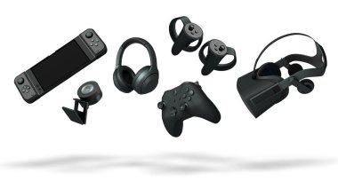 Floating gaming accessories like keyboard, mouse, controller, headset and VR goggles isolated on white background with clipping path. Concept of immersive gaming