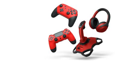 Floating gaming accessories like controllers, joystick, and headphones isolated on white background with clipping path, concept of gaming