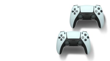 Havada uçan kablosuz oyun kontrolörleri kırpma yolu ile beyaz arka planda izole edilmiş, oyun teknolojisi konseptini sembolize ediyor.