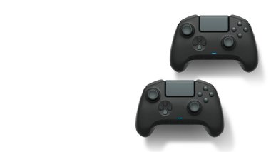 Havada uçan kablosuz oyun kontrolörleri kırpma yolu ile beyaz arka planda izole edilmiş, oyun teknolojisi konseptini sembolize ediyor.