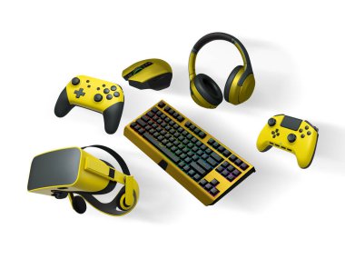 Floating gaming accessories like keyboard, mouse, controller, headset and VR goggles isolated on white background with clipping path. Concept of immersive gaming