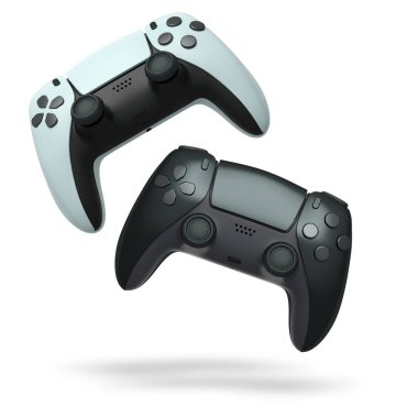 Havada uçan kablosuz oyun kontrolörleri kırpma yolu ile beyaz arka planda izole edilmiş, oyun teknolojisi konseptini sembolize ediyor.