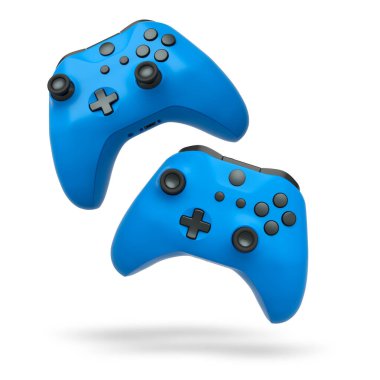 Havada uçan kablosuz oyun kontrolörleri kırpma yolu ile beyaz arka planda izole edilmiş, oyun teknolojisi konseptini sembolize ediyor.