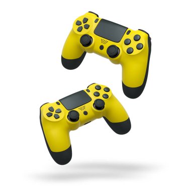 Havada uçan kablosuz oyun kontrolörleri kırpma yolu ile beyaz arka planda izole edilmiş, oyun teknolojisi konseptini sembolize ediyor.