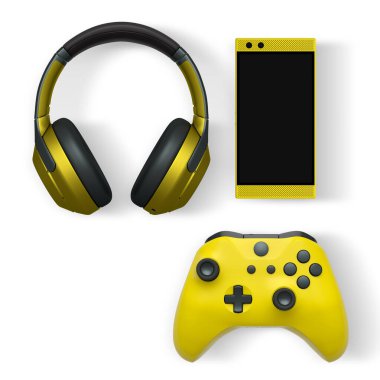 Gaming headset, smartphone, and controller arranged neatly isolated on white background with clipping path. Concept of modern digital entertainment
