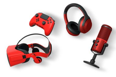 Kulaklık, VR kulaklık, mikrofon, fare ve denetleyici gibi oyun aksesuarları kırpma yolu ile beyaz arka planda izole edilmiş, oyun teknolojisi kavramı