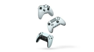 Havada uçan kablosuz oyun kontrolörleri kırpma yolu ile beyaz arka planda izole edilmiş, oyun teknolojisi konseptini sembolize ediyor.