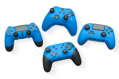 Havada uçan kablosuz oyun kontrolörleri kırpma yolu ile beyaz arka planda izole edilmiş, oyun teknolojisi konseptini sembolize ediyor.