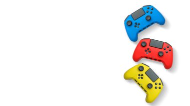 Havada uçan kablosuz oyun kontrolörleri kırpma yolu ile beyaz arka planda izole edilmiş, oyun teknolojisi konseptini sembolize ediyor.