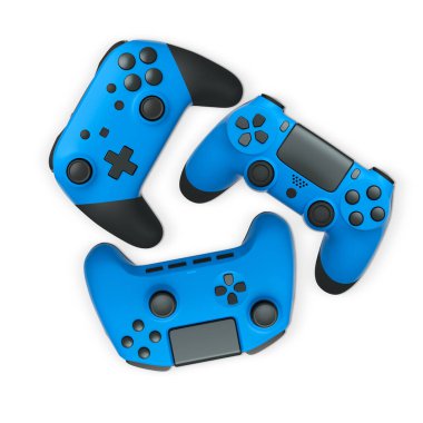 Havada uçan kablosuz oyun kontrolörleri kırpma yolu ile beyaz arka planda izole edilmiş, oyun teknolojisi konseptini sembolize ediyor.