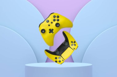 Renkli oyun kontrolörleri, podyum üzerinde yükselen joystick soyut arka plan, minimalist kavram aygıtı.