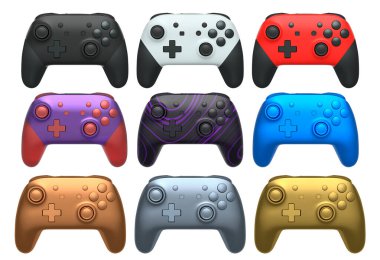 Oyun tutkunları için farklı renk ve tasarımlara sahip oyun denetleyicileri koleksiyonu kırpma yolu ile beyaz arkaplanda izole