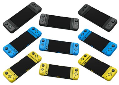 Cep telefonuna bağlı gerçekçi video oyunu denetleyicileri beyaz arkaplanda kırpma yolu ile izole edilmiş