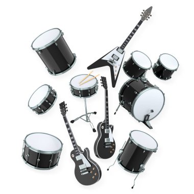 Modern bir müzik konsepti sahnesini temsil eden çeşitli elektro gitarlar ve davullar beyaz arka planda izole edilmiş..
