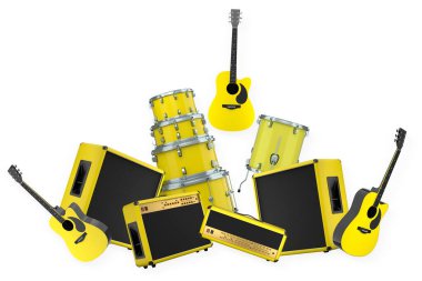 Elektrikli akustik gitarlar ve beyaz arka planda metal zilleri olan davullar. Rock festivali posteri için üç boyutlu müzik enstrümanı, davul makinesi ve bateri prodüksiyonu.