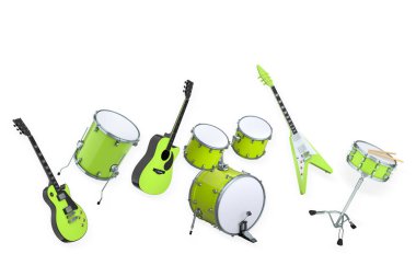 Modern bir müzik konsepti sahnesini temsil eden çeşitli elektro gitarlar ve davullar beyaz arka planda izole edilmiş..