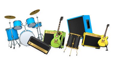 Elektrikli akustik gitarlar ve beyaz arka planda metal zilleri olan davullar. Rock festivali posteri için üç boyutlu müzik enstrümanı, davul makinesi ve bateri prodüksiyonu.