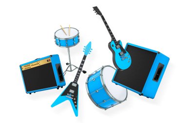 Elektrikli akustik gitarlar ve beyaz arka planda metal zilleri olan davullar. Rock festivali posteri için üç boyutlu müzik enstrümanı, davul makinesi ve bateri prodüksiyonu.