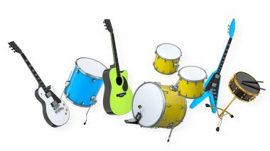 Elektrikli akustik gitarlar ve beyaz arka planda metal zilleri olan davullar. Rock festivali posteri için üç boyutlu müzik enstrümanı, davul makinesi ve bateri prodüksiyonu.
