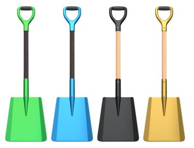 Beyaz arka planda izole edilmiş, bahçe aletlerini sembolize eden, temiz ve minimalist bir şekilde gösterilmiş, D kulplu ve tahta şaftlı bahçe kürekleri.