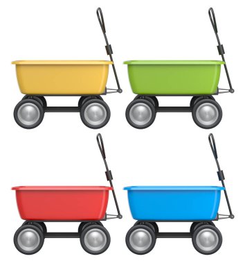 Yeşil, sarı, kırmızı ve mavi renkli plastik oyuncak arabaları beyaz arka planda izole edilmiş, çocuk oyuncakları konsepti..