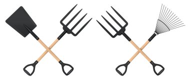 Çapraz kürek ve yaba çiftleri siyah, altın, yeşil ve mavi, ahşap sapları beyaz arka planda izole, bahçe araçlarını sembolize