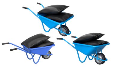 Siyah çuvallar taşıyan renkli el arabaları, beyaz arka planda izole edilmiş, bahçıvanlığı, teslimatı ya da taşımayı simgeliyor..