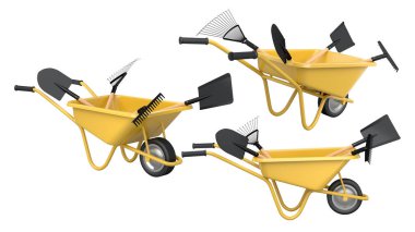 Kürek ve tırmık gibi bahçe aletleri olan renkli el arabaları, beyaz arka planda izole edilmiş, bahçeciliği ve peyzajı sembolize ediyor.