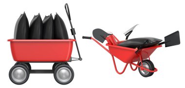 Alet, kürek, tırmık ve siyah çantalarla dolu bahçe arabaları beyaz arka planda izole edilmiş, bahçe işleri veya peyzaj işlerini temsil ediyor..