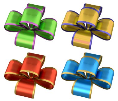 Parlak dekoratif hediyeler yeşil, altın, kırmızı ve mavi renklerde, beyaz arka planda izole edilmiş, kutlama konsepti.