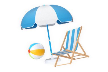 Yaz tatili eşyaları, bavullar, plaj baloları, sandalye ve beyaz arka planda izole edilmiş aksesuarlar, tatil seyahati konsepti.