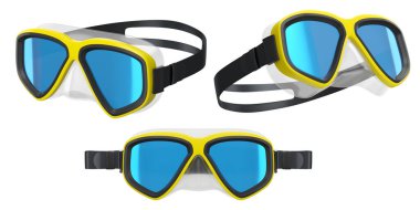 Yaz tatili için dalış maskesi ve şnorkel seti ve beyaz arka planda şnorkelle dalış yaz tatili konsepti ve tatillerin 3 boyutlu canlandırması.