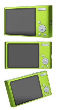 Yaz tatilleri için beyaz arka planda izole edilmiş cep kamerası seti. Yaz tatili konsepti ve tatillerinin 3 boyutlu canlandırması