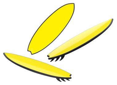 Yazın sörf yapmak için plajda beyaz arka planda sörf tahtası. Yaz tatili konsepti ve tatillerinin 3 boyutlu canlandırması