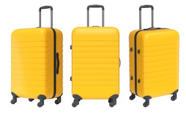 Beyaz arka planda yaz tatili için plaj aksesuarları olan valizler. Yaz tatili konsepti ve tatillerinin 3 boyutlu canlandırması