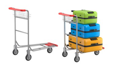 Beyaz arka planda bagajları taşımak için normal polikarbonat valiz seti. 3D seyahat konsepti. Tatil ve bagaj taşımacılığı.