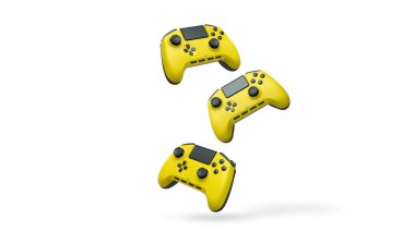 Havada uçan kablosuz oyun kontrolörleri kırpma yolu ile beyaz arka planda izole edilmiş, oyun teknolojisi konseptini sembolize ediyor.