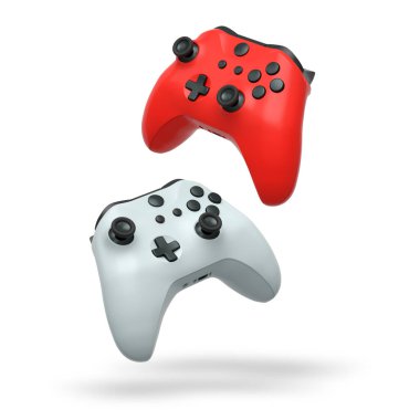 Havada uçan kablosuz oyun kontrolörleri kırpma yolu ile beyaz arka planda izole edilmiş, oyun teknolojisi konseptini sembolize ediyor.