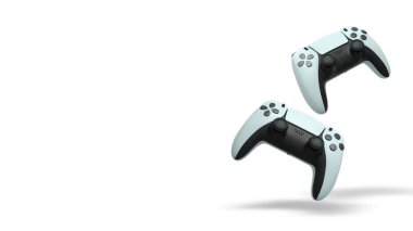 Havada uçan kablosuz oyun kontrolörleri kırpma yolu ile beyaz arka planda izole edilmiş, oyun teknolojisi konseptini sembolize ediyor.