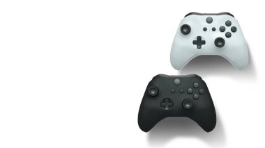 Havada uçan kablosuz oyun kontrolörleri kırpma yolu ile beyaz arka planda izole edilmiş, oyun teknolojisi konseptini sembolize ediyor.