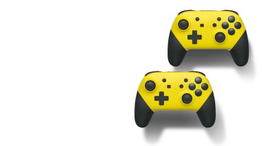 Havada uçan kablosuz oyun kontrolörleri kırpma yolu ile beyaz arka planda izole edilmiş, oyun teknolojisi konseptini sembolize ediyor.