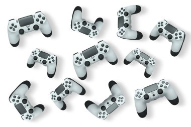 Havada uçan kablosuz oyun kontrolörleri kırpma yolu ile beyaz arka planda izole edilmiş, oyun teknolojisi konseptini sembolize ediyor.