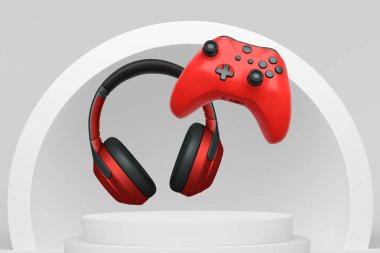 Kablosuz oyun denetleyicisi ve kulaklıklar soyut arka planda podyum üzerinde sergileniyor, modern oyun teknolojisi kavramı.