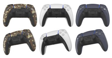 Oyun tutkunları için farklı renk ve tasarımlara sahip oyun denetleyicileri koleksiyonu kırpma yolu ile beyaz arkaplanda izole