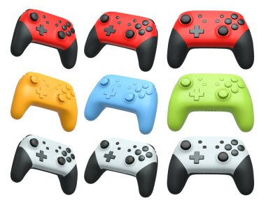 Oyun tutkunları için farklı renk ve tasarımlara sahip oyun denetleyicileri koleksiyonu kırpma yolu ile beyaz arkaplanda izole